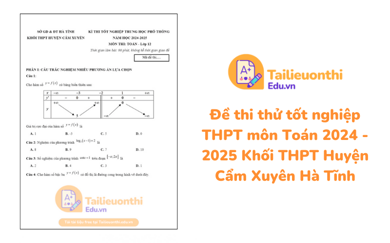 Đề thi thử tốt nghiệp THPT môn Toán 2024 - 2025 Khối THPT Huyện Cẩm Xuyên Hà Tĩnh